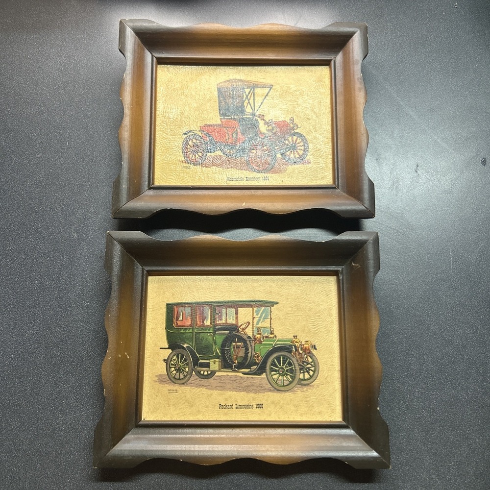 Set of 2 Frederick Elmiger Wood Framed Early American Automotives